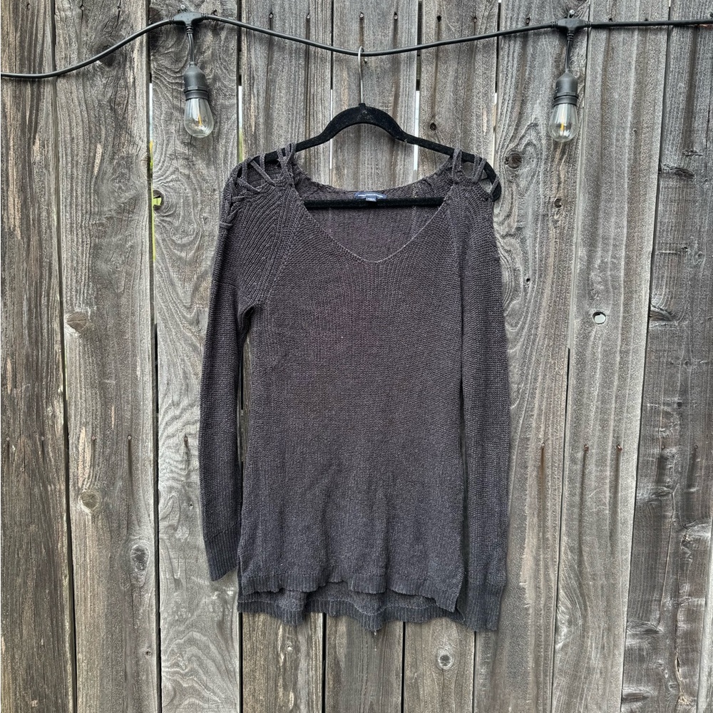 Charcoal Black American Eagle Knit Lace-Up Open Shoulder Sweater size M, v neck